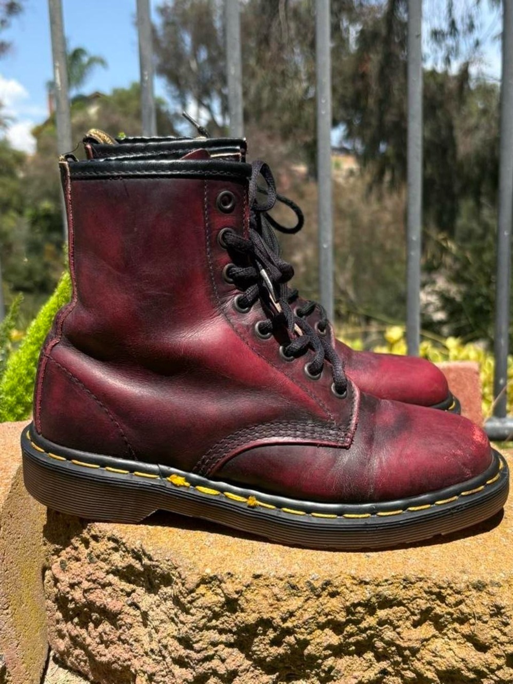 Dr. Martens Burgundy Leather Lace-Up Combat Boots with Yellow Welt